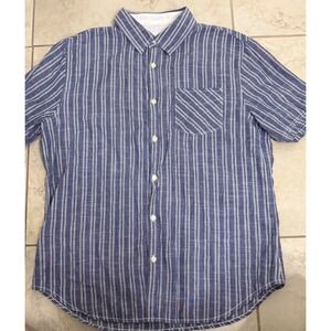 Paperdenim&cloth Mens Large Blue White Striped Cotton Short Sleeve Button Down